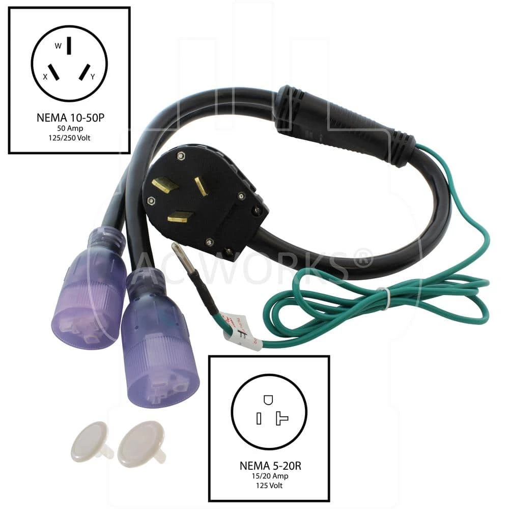 50 Amp 125-Volt/250-Volt NEMA 10-50 3-Prong Old Style Range/Welder Plug to 2 NEMA 5-20 Household Connections by AC WORKS 4 50 Amp 125-Volt/250-Volt NEMA 10-50 3-Prong Old Style Range/Welder Plug to 2 NEMA 5-20 Household Connections by AC WORKS - Image 2