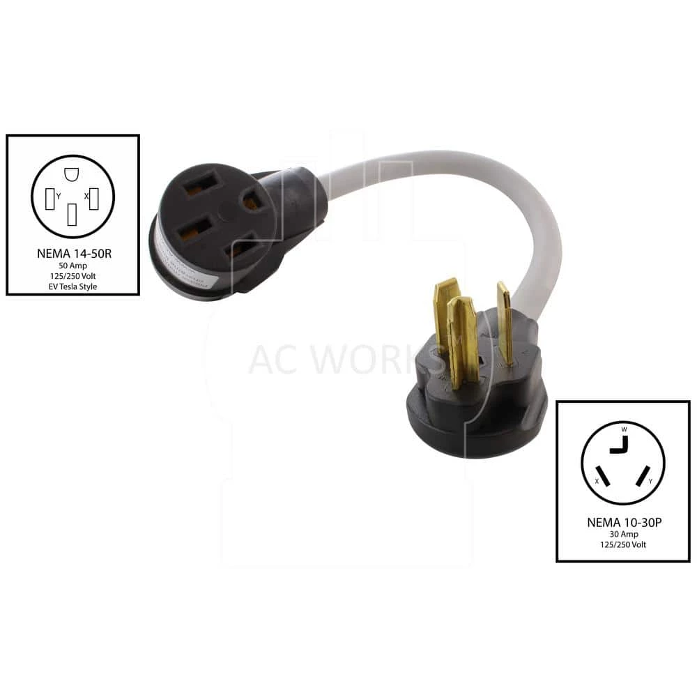1.5 ft. EVSE 30 Amp 3-Prong NEMA 10-30P Dryer Plug to 50 Amp Electric Vehicle Adapter Cord for Tesla Model S by AC WORKS 4 1.5 ft. EVSE 30 Amp 3-Prong NEMA 10-30P Dryer Plug to 50 Amp Electric Vehicle Adapter Cord for Tesla Model S by AC WORKS - Image 2