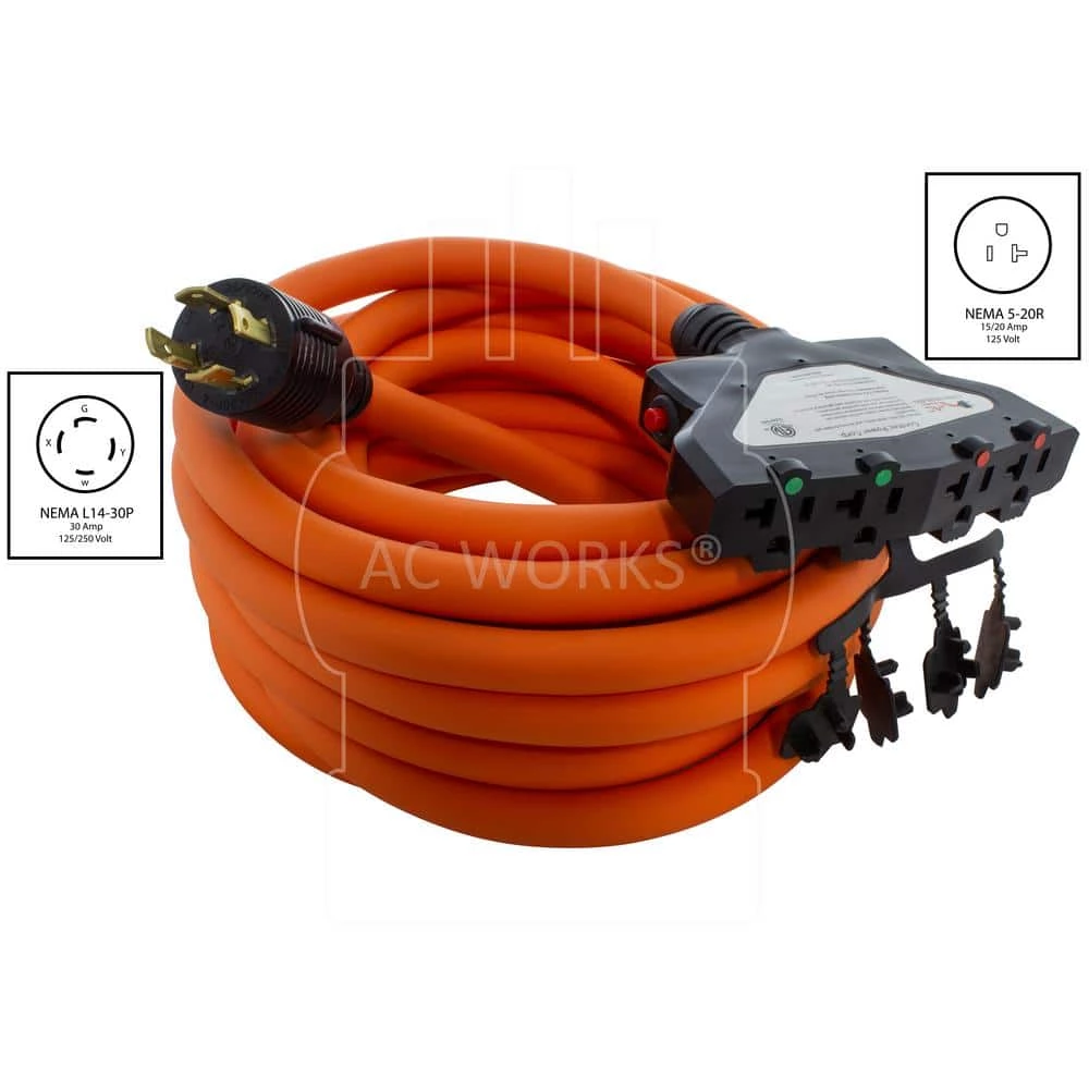 25 ft. L14-30P 30 Amp 4-Prong Locking Plug to (4) Home Outlets with 24 Amp Breaker by AC WORKS 4 25 ft. L14-30P 30 Amp 4-Prong Locking Plug to (4) Home Outlets with 24 Amp Breaker by AC WORKS - Image 2