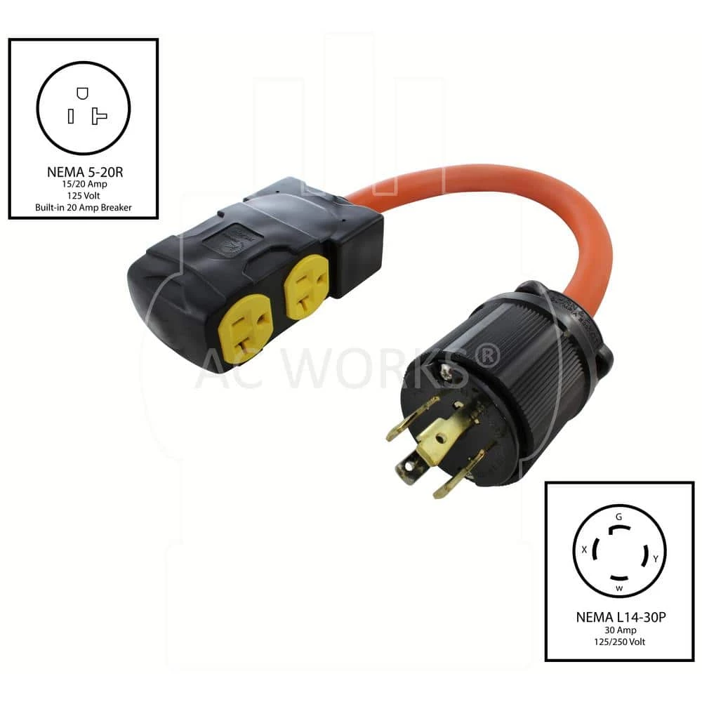 1.5FT 10/3 STW Flexible Cord With L14-30P 30 Amp 4-Prong Locking Plug to (4) Household Outlets with 20A Breaker by AC WORKS 5 1.5FT 10/3 STW Flexible Cord With L14-30P 30 Amp 4-Prong Locking Plug to (4) Household Outlets with 20A Breaker by AC WORKS - Image 3
