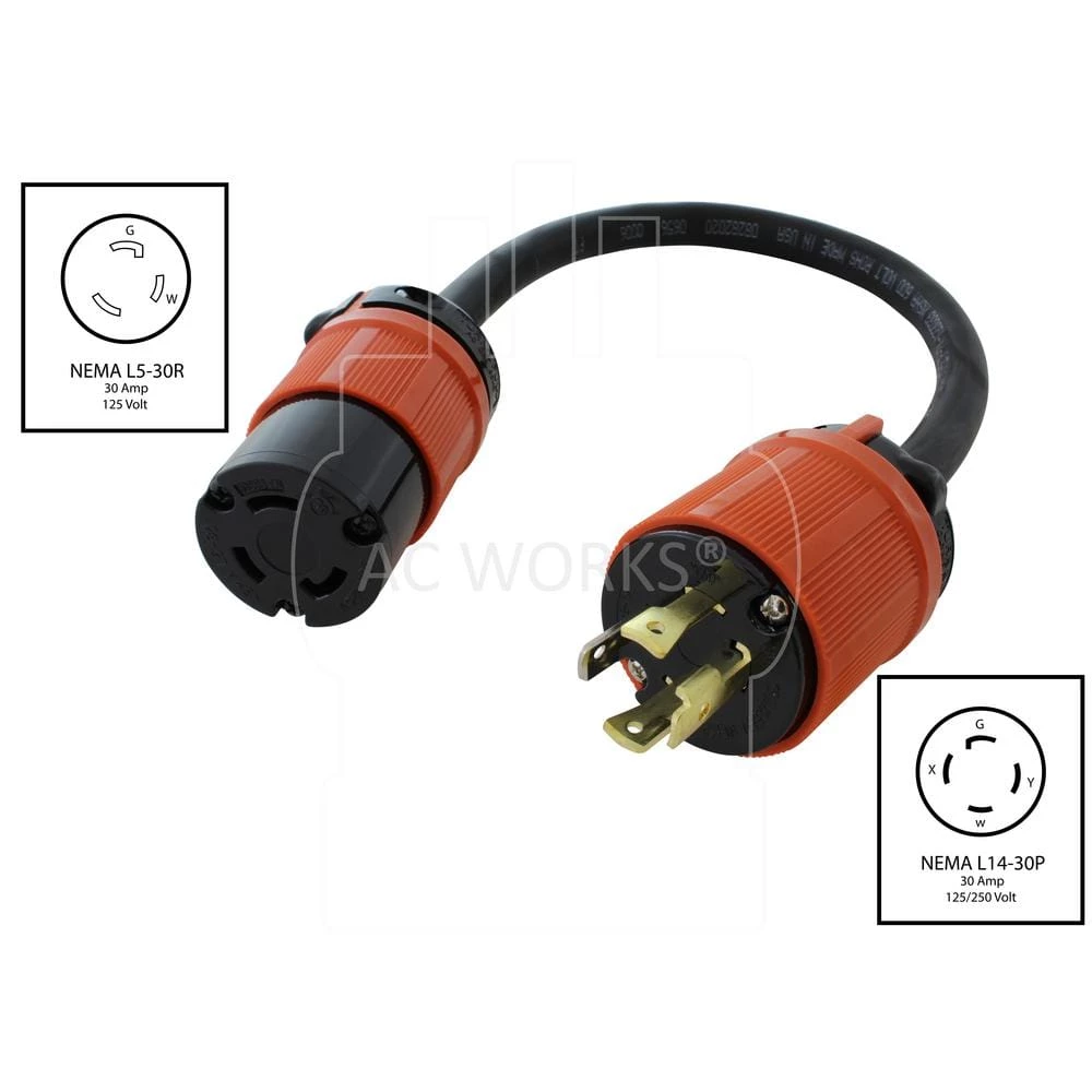 1.5 ft. L14-30P 4-Prong 30A Locking Plug to L5-30R 30A 125-Volt 3-Prong Connector by AC WORKS 4 1.5 ft. L14-30P 4-Prong 30A Locking Plug to L5-30R 30A 125-Volt 3-Prong Connector by AC WORKS - Image 2