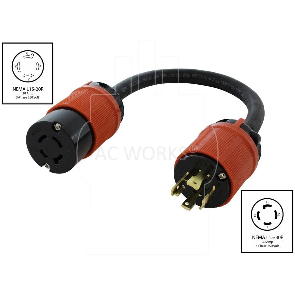 1.5 ft. 3-Phase 30 Amp 250-Volt L15-30P 4-Prong Plug to L15-20R Locking 3-Phase 20 Amp 250-Volt Connector by AC WORKS 4 1.5 ft. 3-Phase 30 Amp 250-Volt L15-30P 4-Prong Plug to L15-20R Locking 3-Phase 20 Amp 250-Volt Connector by AC WORKS - Image 2