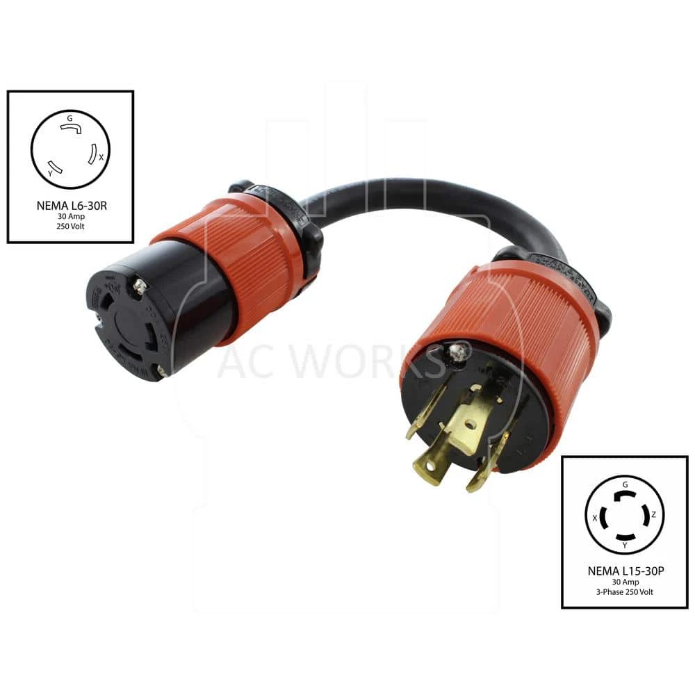 1 ft. Adapter Cord 3-Phase 30 Amp 250-Volt L15-30P 4-Prong Plug to L6-30R Locking 250-Volt Connector by AC WORKS 4 1 ft. Adapter Cord 3-Phase 30 Amp 250-Volt L15-30P 4-Prong Plug to L6-30R Locking 250-Volt Connector by AC WORKS - Image 2