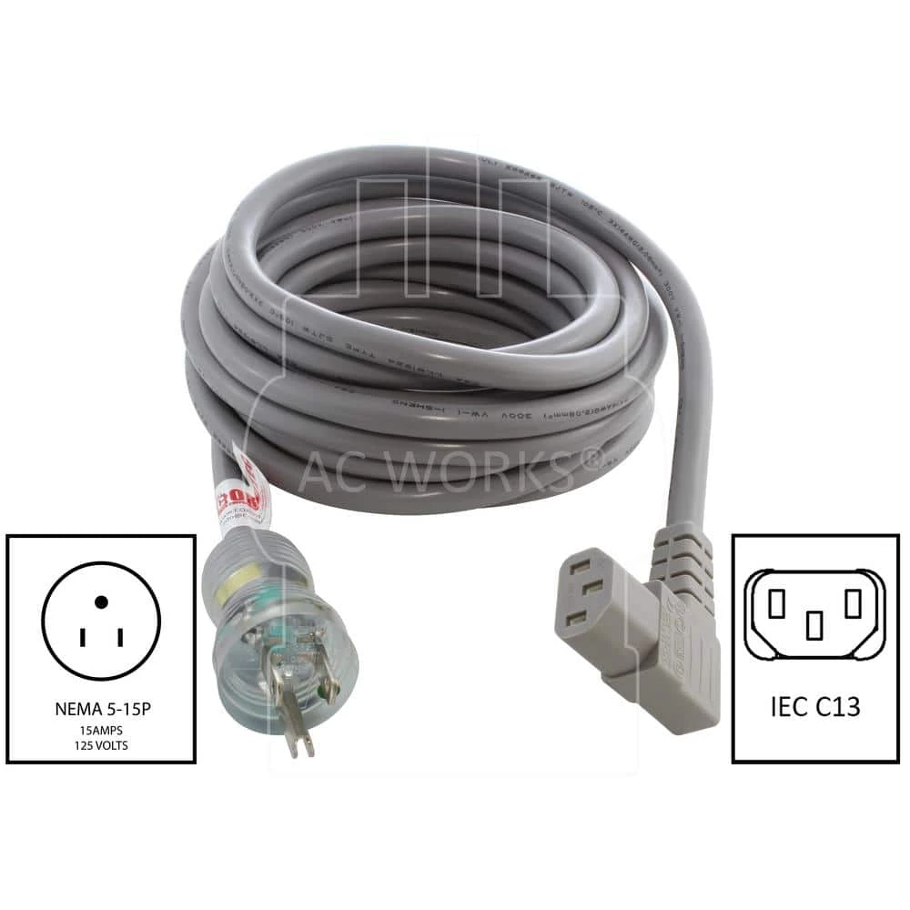 15 ft. 16/3 13 Amp Medical Grade Power Cord with Right Angle IEC C13 Connector by AC WORKS 4 15 ft. 16/3 13 Amp Medical Grade Power Cord with Right Angle IEC C13 Connector by AC WORKS - Image 2