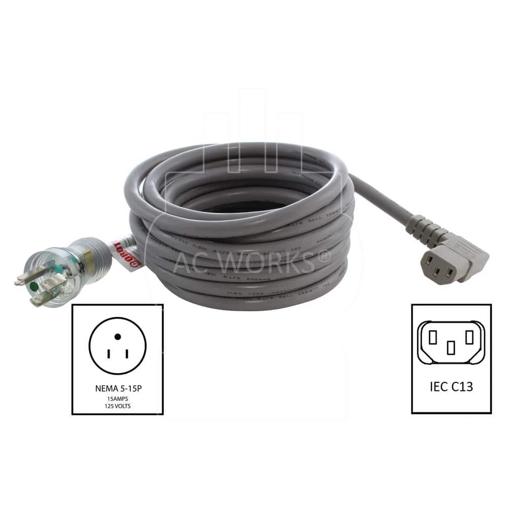 15 ft. 14/3 15 Amp Medical Grade Power Cord with Left Angle IEC C13 Connector by AC WORKS 4 15 ft. 14/3 15 Amp Medical Grade Power Cord with Left Angle IEC C13 Connector by AC WORKS - Image 2