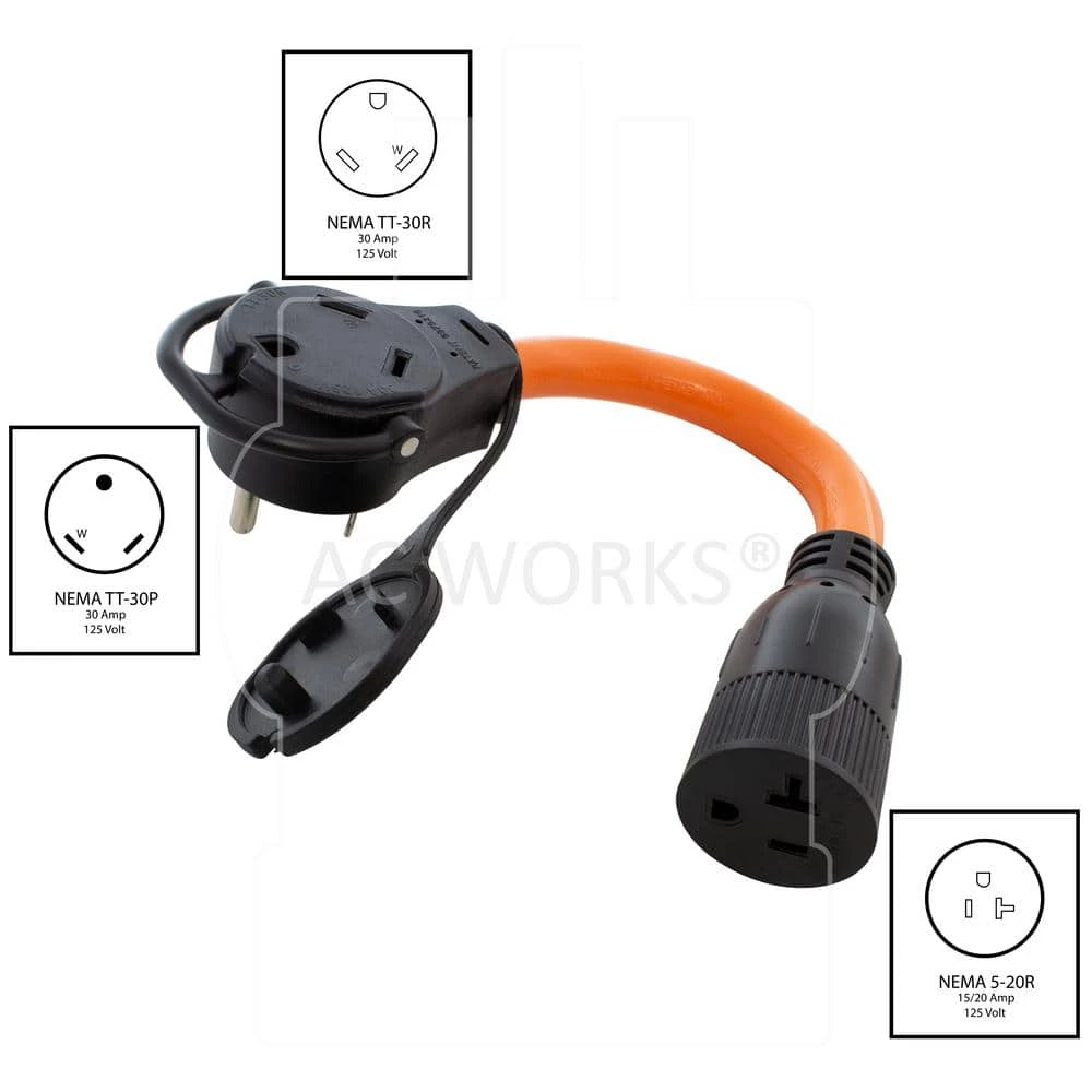 1 ft. 30 Amp RV Piggy-Back Plug with 15/20 Amp Household Connector by AC WORKS 4 1 ft. 30 Amp RV Piggy-Back Plug with 15/20 Amp Household Connector by AC WORKS - Image 2