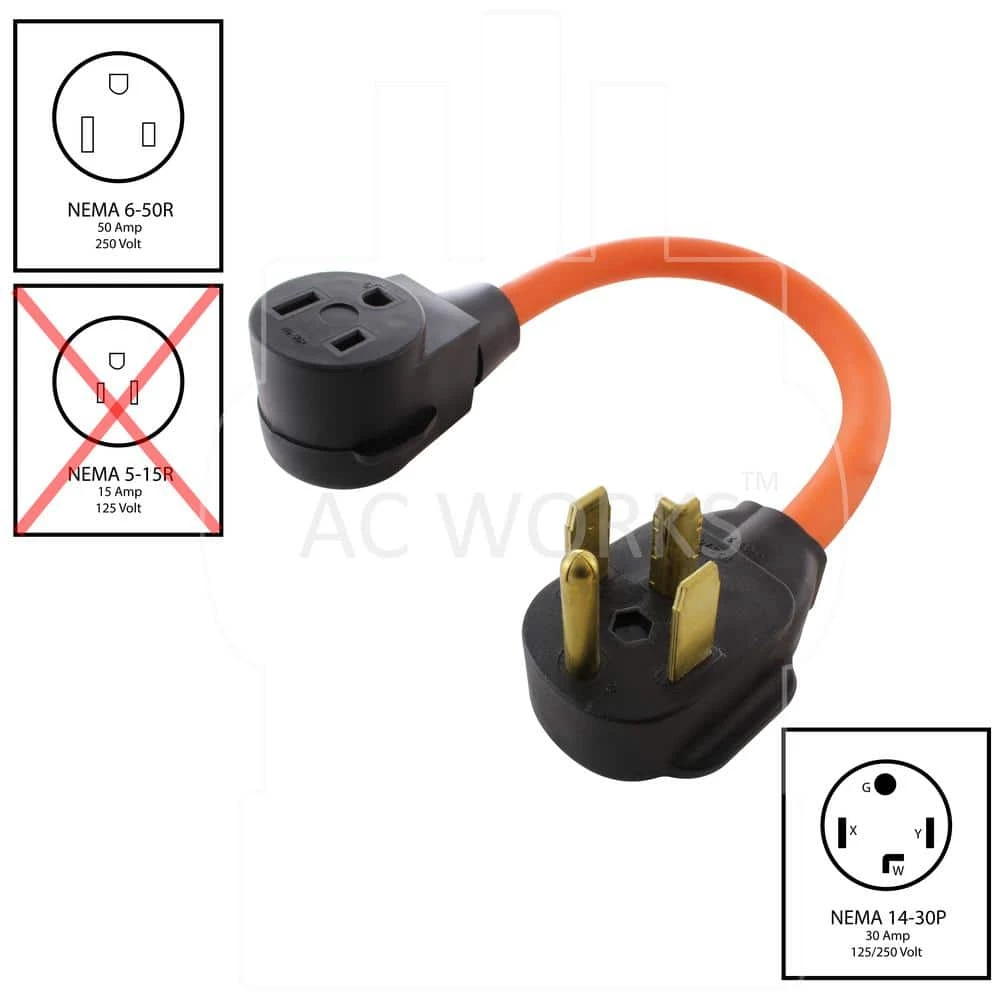 1.5 ft. 30 Amp 4-Prong 14-30P Dryer Plug to 50 Amp 250-Volt Welder Adapter (NEMA 14-30P to 6-50R) by AC WORKS 4 1.5 ft. 30 Amp 4-Prong 14-30P Dryer Plug to 50 Amp 250-Volt Welder Adapter (NEMA 14-30P to 6-50R) by AC WORKS - Image 2