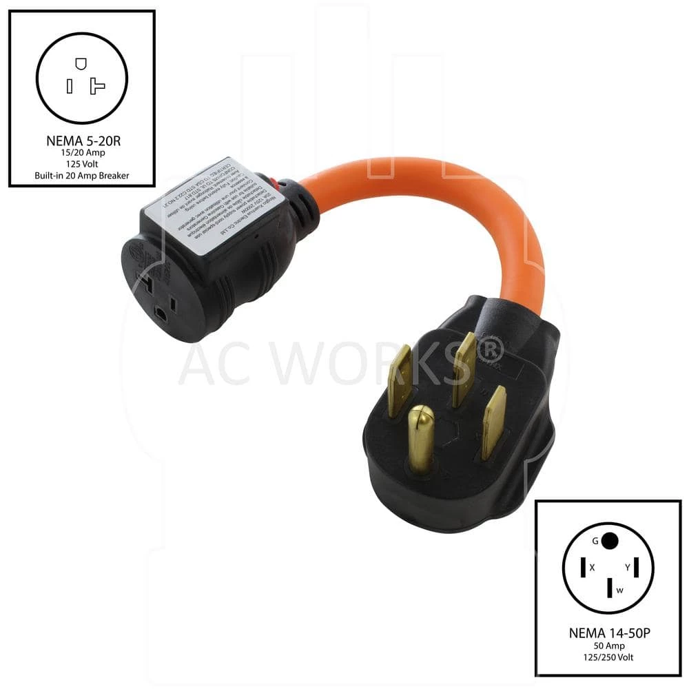 1.5 ft. 50 Amp 4-Prong 14-50P RV/Generator/Range Plug to Household Outlet with 20 Amp Breaker by AC WORKS 4 1.5 ft. 50 Amp 4-Prong 14-50P RV/Generator/Range Plug to Household Outlet with 20 Amp Breaker by AC WORKS - Image 2
