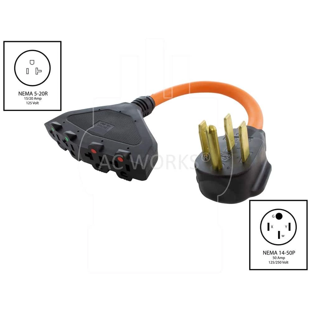 1.5 ft. 4-Outlet NEMA 14-50P RV/Range/Geneator Plug to (4) NEMA 5-15/20R 20 Amp Household Female Connectors Adapter Cord by AC WORKS 4 1.5 ft. 4-Outlet NEMA 14-50P RV/Range/Geneator Plug to (4) NEMA 5-15/20R 20 Amp Household Female Connectors Adapter Cord by AC WORKS - Image 2