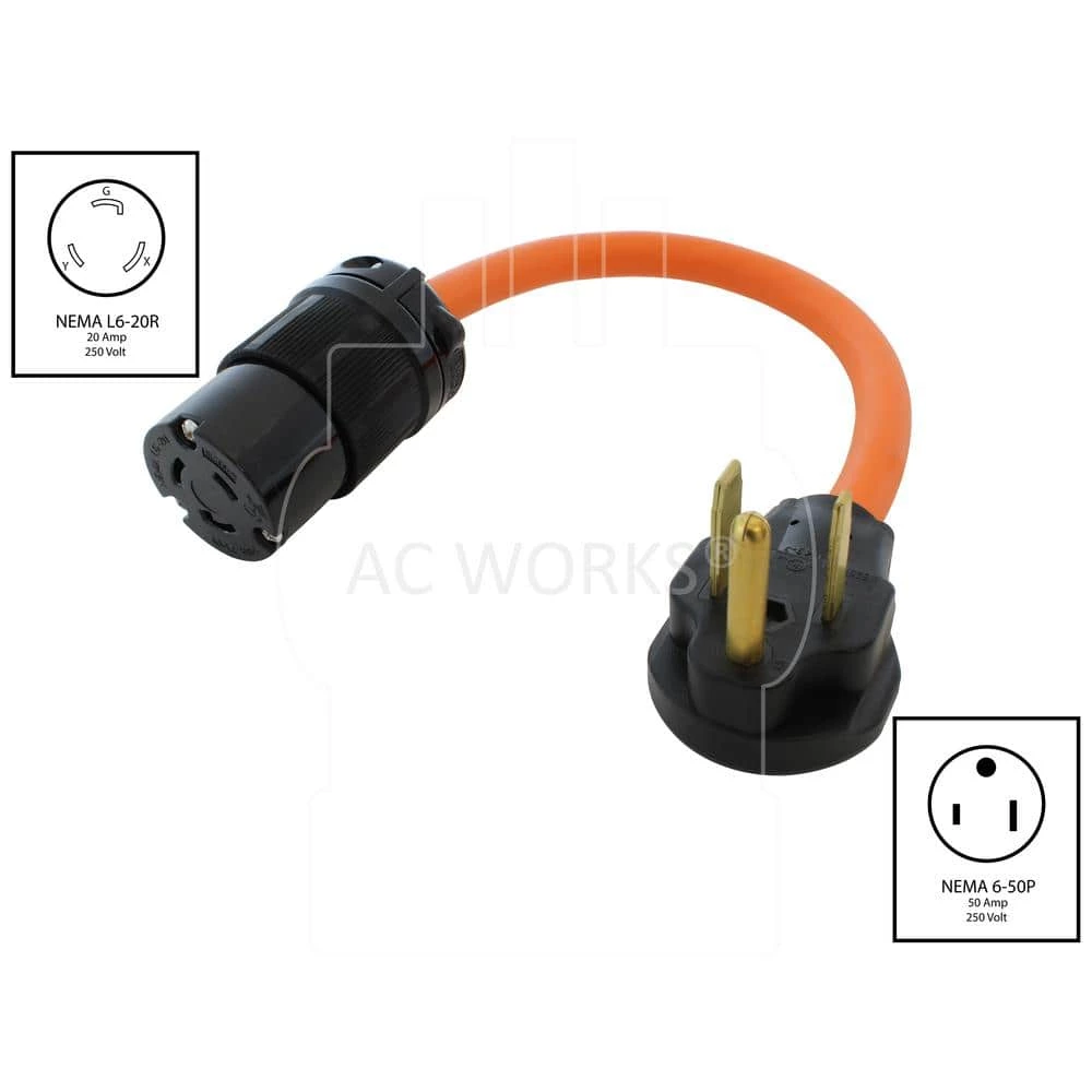 1.5 ft. T 6-50P 50 Amp Welder Plug to L6-20R 20 Amp 250-Volt Locking Outlet by AC WORKS 4 1.5 ft. T 6-50P 50 Amp Welder Plug to L6-20R 20 Amp 250-Volt Locking Outlet by AC WORKS - Image 2