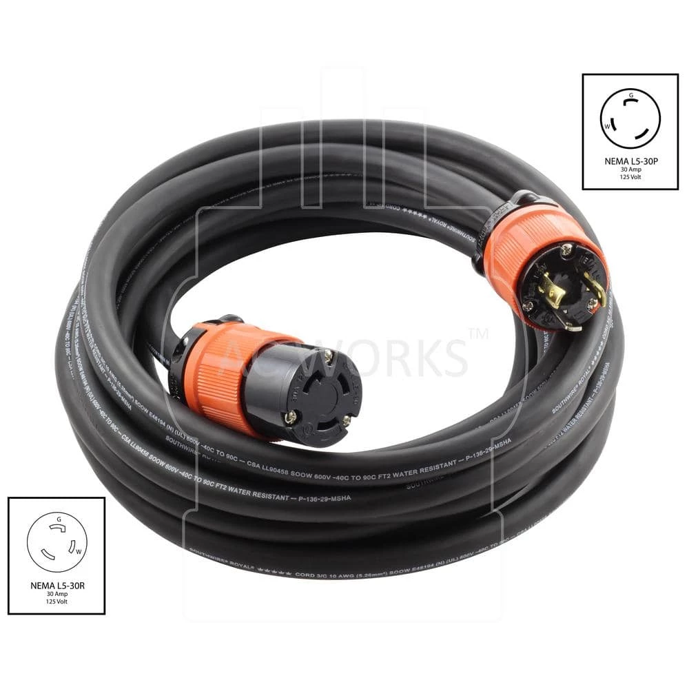 50 ft. Soow 10/3 3-Prong Nema L5-30 125-Volt 30 Amp Generator Rubber Extension Cord by AC WORKS 4 50 ft. Soow 10/3 3-Prong Nema L5-30 125-Volt 30 Amp Generator Rubber Extension Cord by AC WORKS - Image 2