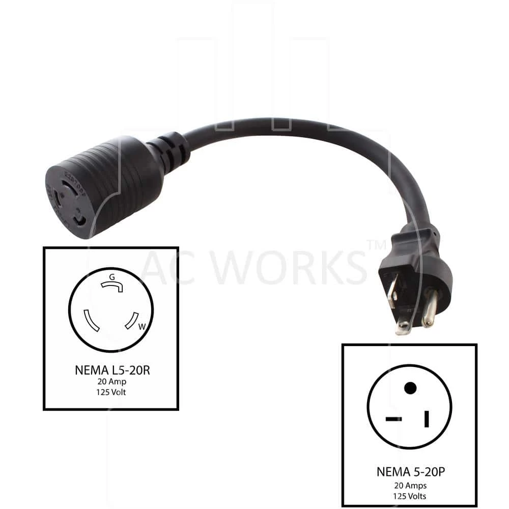 1 ft. 12/3 SJTW 20 Amp NEMA 5-20P Plug to 20 Amp L5-20R Locking Adapter Cord by AC WORKS 4 1 ft. 12/3 SJTW 20 Amp NEMA 5-20P Plug to 20 Amp L5-20R Locking Adapter Cord by AC WORKS - Image 2