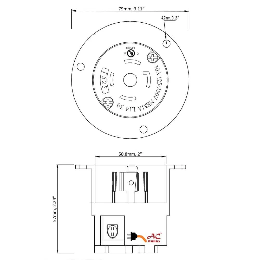 30-Amp Locking 4-Prong 125/250-Volt NEMA L14-30P Flanged Power Input Inlet by AC WORKS 8 30-Amp Locking 4-Prong 125/250-Volt NEMA L14-30P Flanged Power Input Inlet by AC WORKS - Image 6