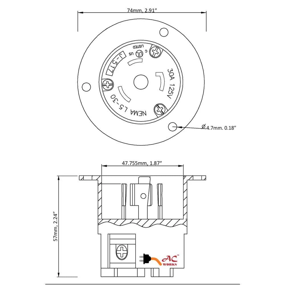 30-Amp Locking 3-Prong 125-Volt NEMA L5-30P Flanged Power Input Inlet by AC WORKS 8 30-Amp Locking 3-Prong 125-Volt NEMA L5-30P Flanged Power Input Inlet by AC WORKS - Image 6