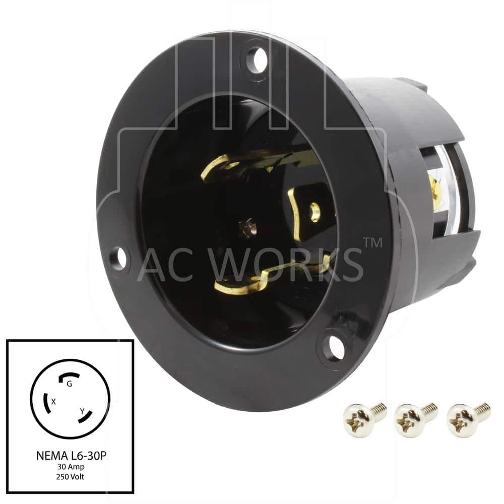 30 Amp Locking 3-Prong 250-Volt NEMA L6-30P Flanged Power Input Inlet by AC WORKS 4 30 Amp Locking 3-Prong 250-Volt NEMA L6-30P Flanged Power Input Inlet by AC WORKS - Image 2