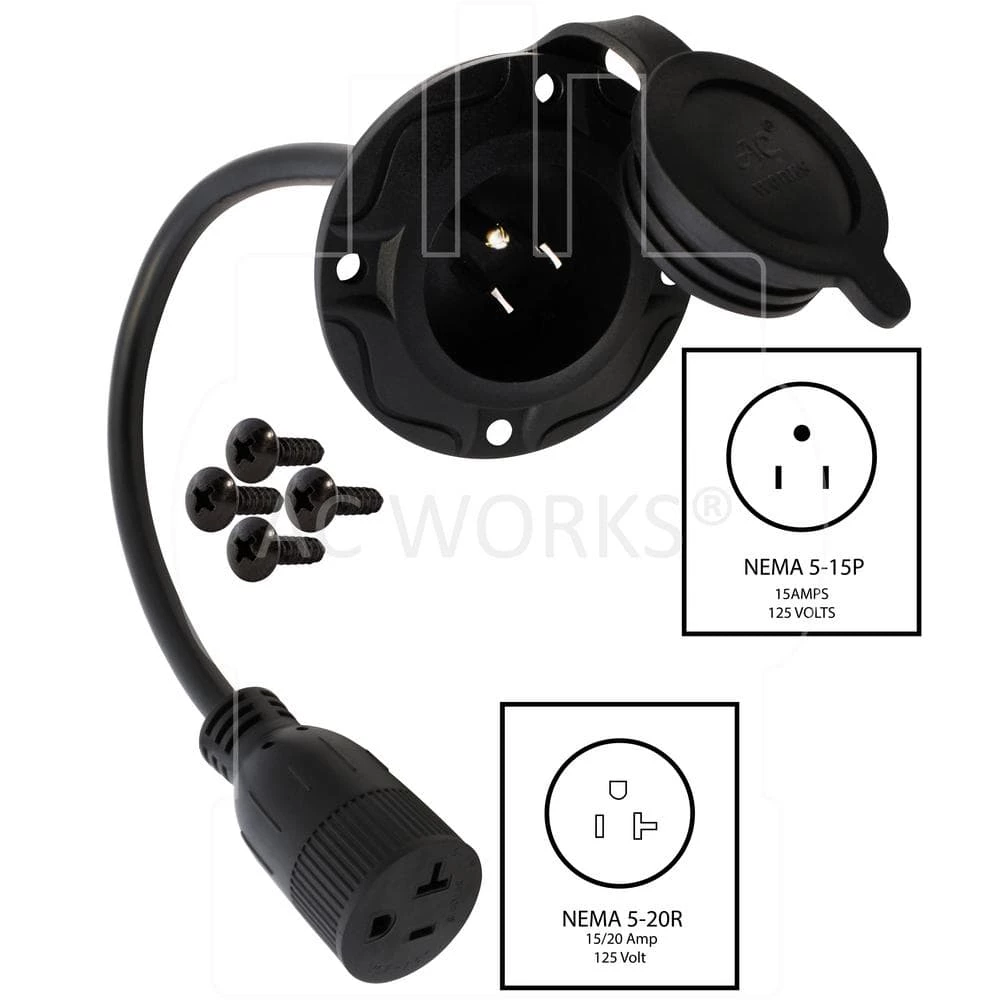 1.5 ft. 12/3 15 Amp 125-Volt NEMA 5-15P Flanged Power Input Inlet Extension Cord with Cover by AC WORKS 4 1.5 ft. 12/3 15 Amp 125-Volt NEMA 5-15P Flanged Power Input Inlet Extension Cord with Cover by AC WORKS - Image 2