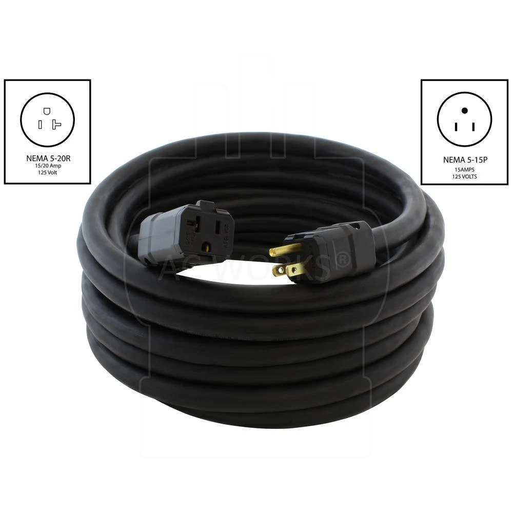 75 ft. SOOW 10 Gauge NEMA 5-15P to NEMA 5-20R 15/20 Amp Super Duty Rubber Extension Cord by AC WORKS 4 75 ft. SOOW 10 Gauge NEMA 5-15P to NEMA 5-20R 15/20 Amp Super Duty Rubber Extension Cord by AC WORKS - Image 2