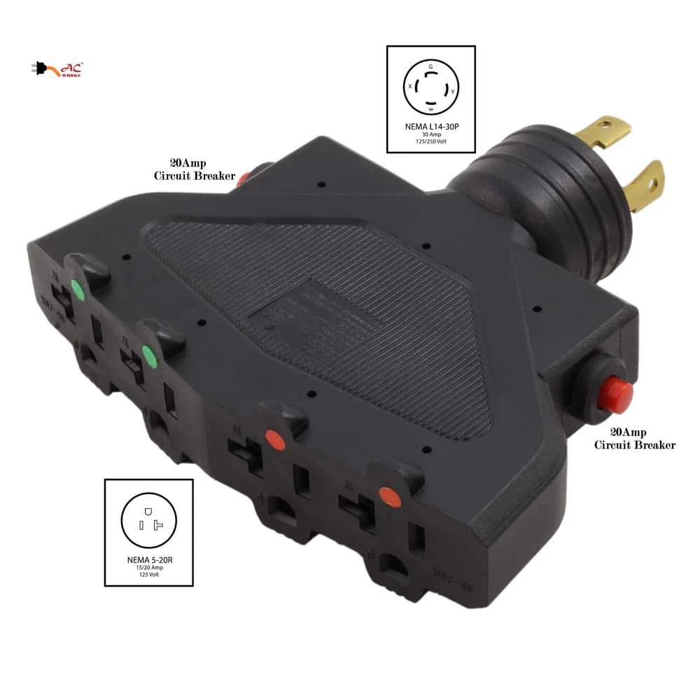 Generartor Power Distribution Adapter 4-Prong 30 Amp Locking Plug to (4) 5-15/20 20 Amp T-Blade Household with Breaker by AC WORKS 4 Generartor Power Distribution Adapter 4-Prong 30 Amp Locking Plug to (4) 5-15/20 20 Amp T-Blade Household with Breaker by AC WORKS - Image 2