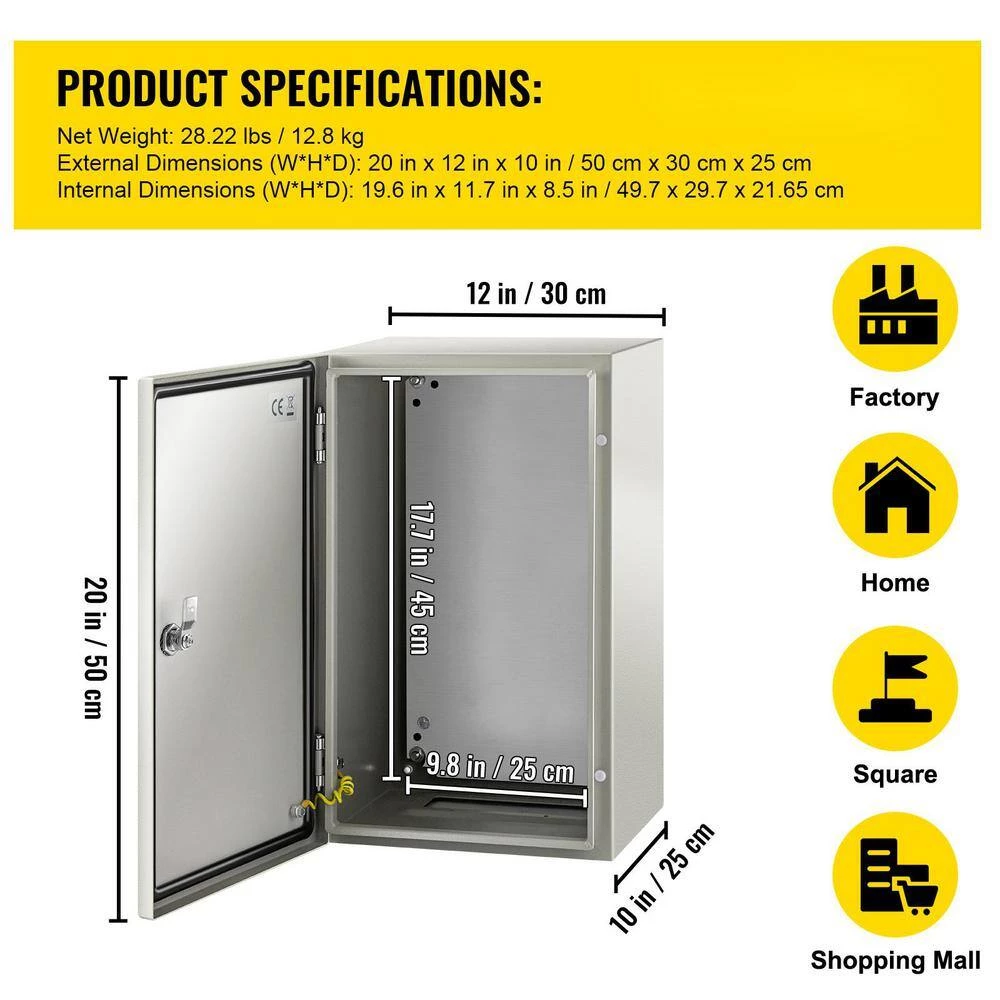 Electrical Box 20 in. x 12 in. x 10 in. NEMA 4X Steel Enclosure Reinforced Lock & Hinge Junction Box with Mounting Plate by VEVOR 9 Electrical Box 20 in. x 12 in. x 10 in. NEMA 4X Steel Enclosure Reinforced Lock & Hinge Junction Box with Mounting Plate by VEVOR - Image 7