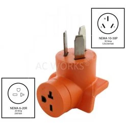 NEMA 6-20R 15 Amp/20 Amp 250-Volt T-Blade Connector to NEMA 10p-50p 50 Amp 3-Prong Plug by AC WORKS -AC WORKS Shop orange ac works plug adapters ad1050620 c3 1000