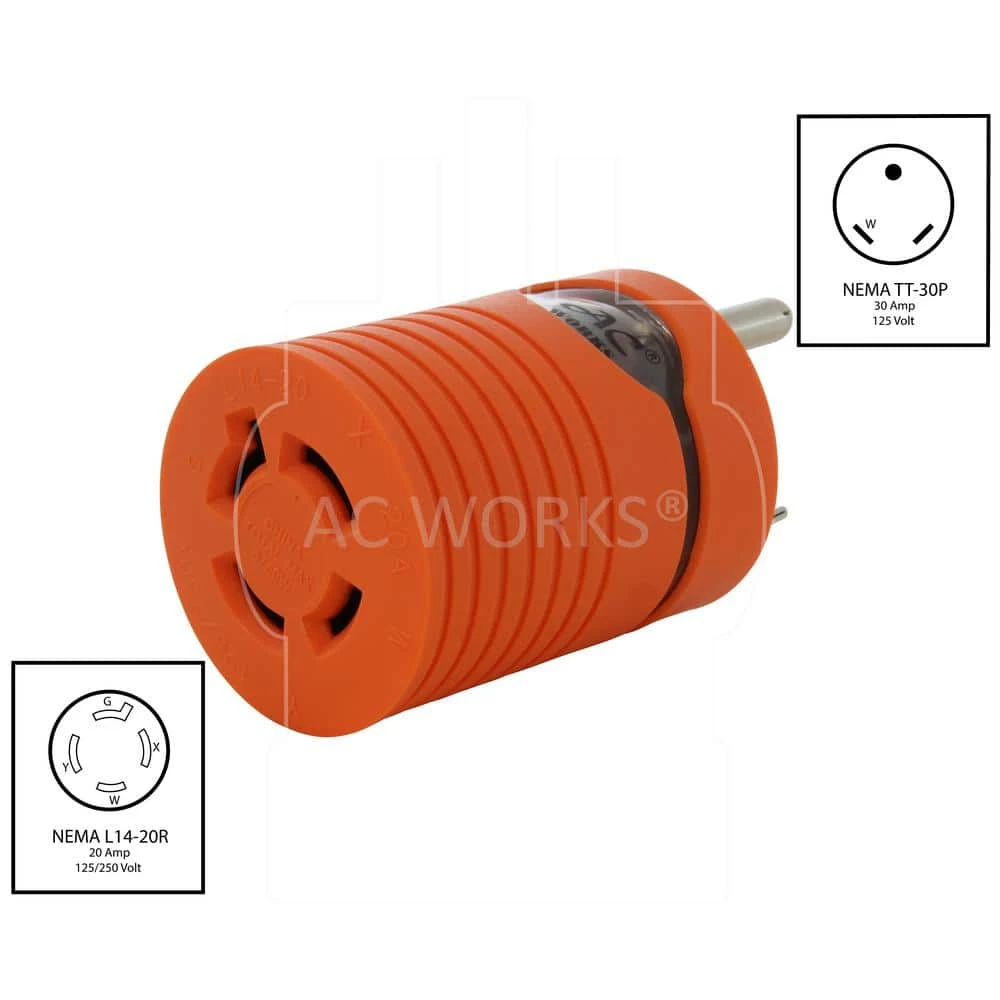 AC Connectors Adapter RV 30 Amp TT-30P Plug to 20 Amp 125/250-Volt L14-20R Female (2-Hots Bridged) Adapter by AC WORKS 4 AC Connectors Adapter RV 30 Amp TT-30P Plug to 20 Amp 125/250-Volt L14-20R Female (2-Hots Bridged) Adapter by AC WORKS - Image 2