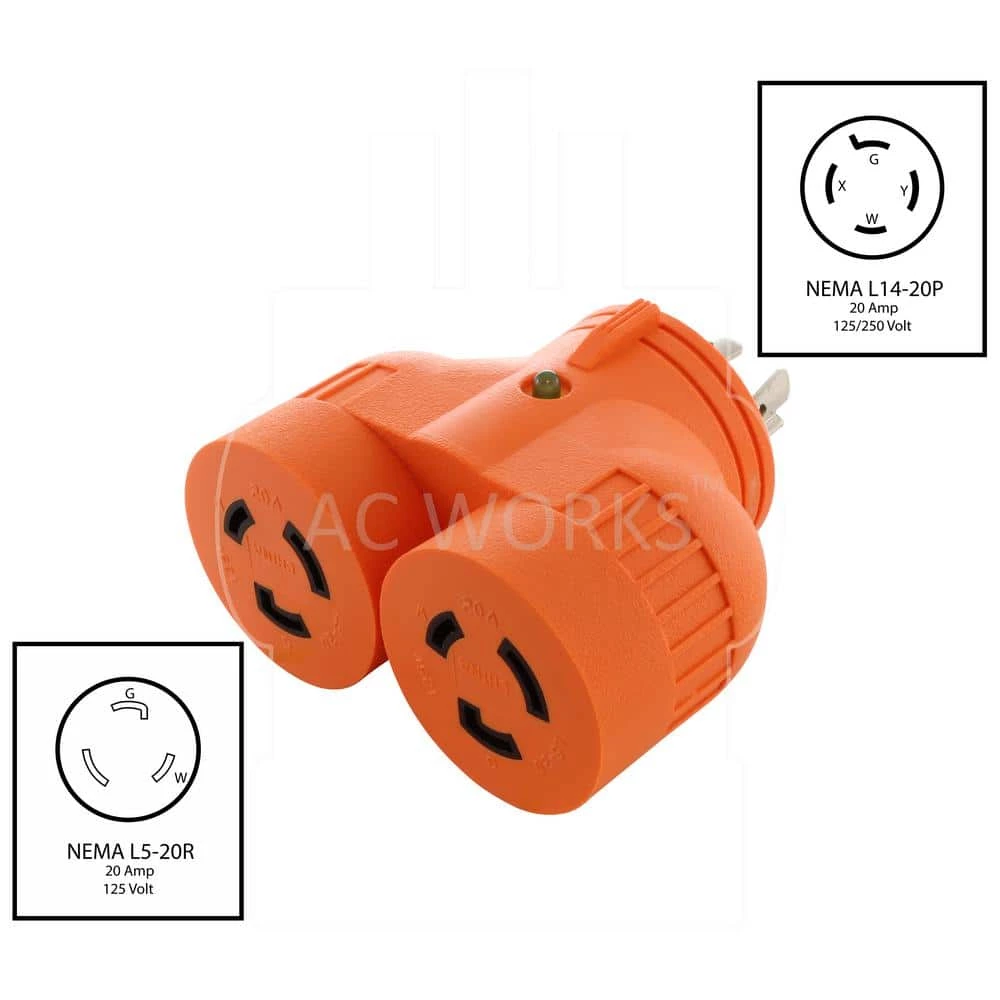 Generator V-Duo Outlet Adapter L14-20P 20 Amp 4-Prong Locking Plug to Two 20 Amp L5-20R Connectors by AC WORKS 4 Generator V-Duo Outlet Adapter L14-20P 20 Amp 4-Prong Locking Plug to Two 20 Amp L5-20R Connectors by AC WORKS - Image 2