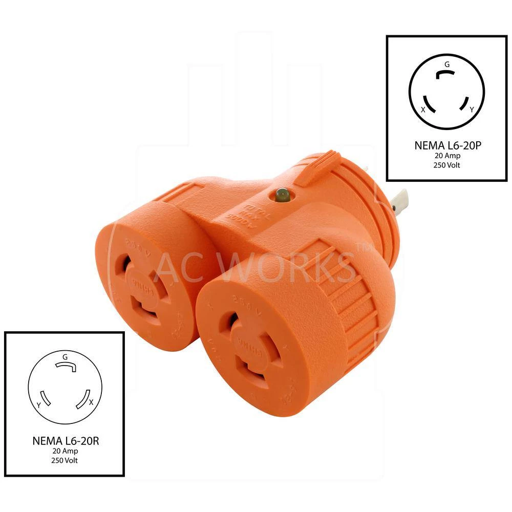 Industrial V-Duo Outlet Adapter L6-20P 20 Amp 250-Volt 3-Prong Locking Plug to (2) L6-20R 20 Amp Connectors by AC WORKS 4 Industrial V-Duo Outlet Adapter L6-20P 20 Amp 250-Volt 3-Prong Locking Plug to (2) L6-20R 20 Amp Connectors by AC WORKS - Image 2