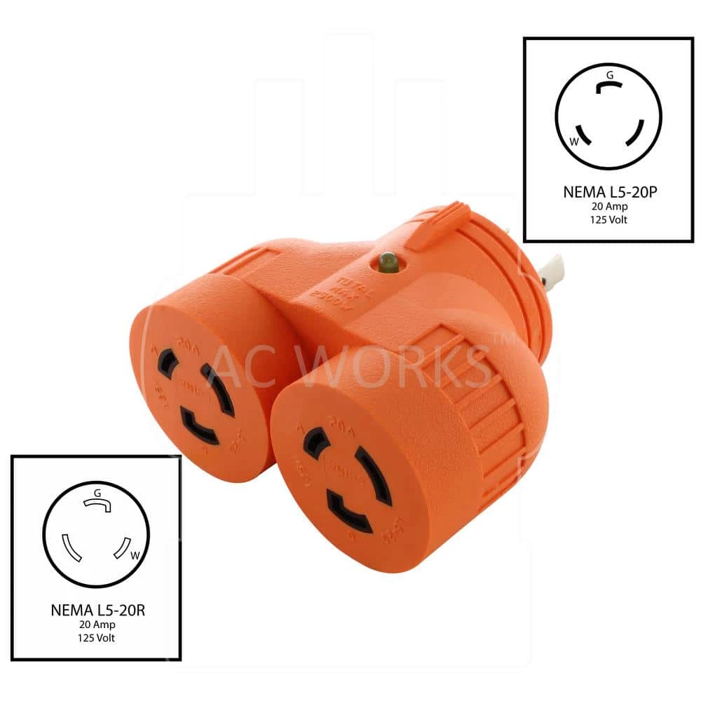 Power Tool V-Duo Outlet Adapter L5-20P 20 Amp 3-Prong Plug to Two 20 Amp L5-20R 3-Prong Outlets by AC WORKS 4 Power Tool V-Duo Outlet Adapter L5-20P 20 Amp 3-Prong Plug to Two 20 Amp L5-20R 3-Prong Outlets by AC WORKS - Image 2
