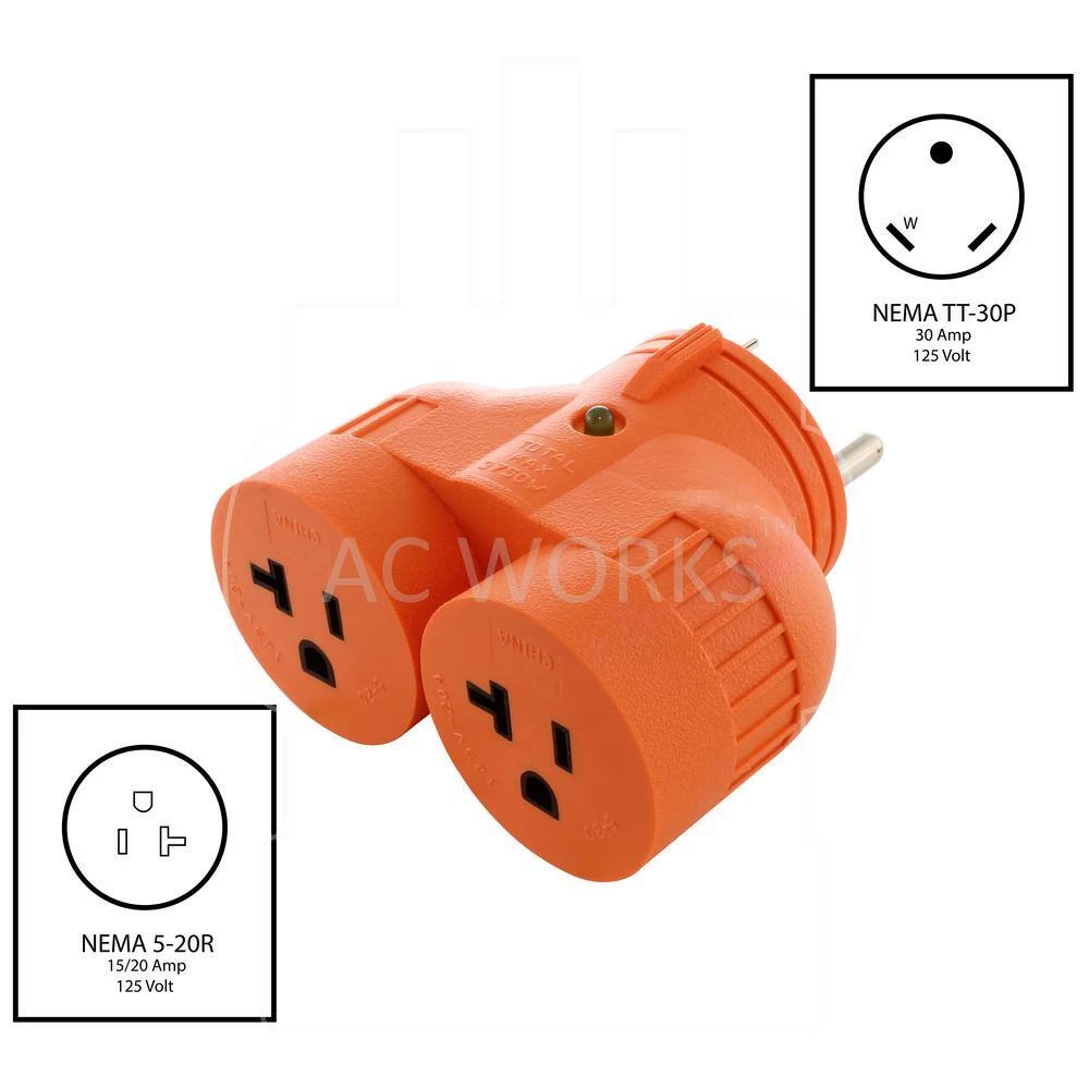 Generator V-Duo Outlet Adapter TT-30P RV 30 Amp Plug to (2) 15/20 Amp Household Connectors by AC WORKS 4 Generator V-Duo Outlet Adapter TT-30P RV 30 Amp Plug to (2) 15/20 Amp Household Connectors by AC WORKS - Image 2