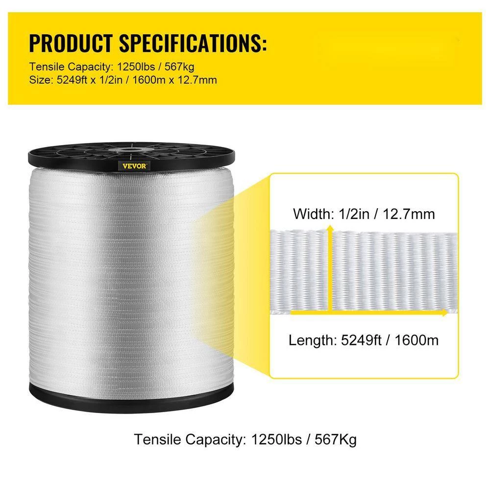 1250 lbs. Polyester Pull Tape 5249 ft. x 1/2 in. Flat Tape for Wire and Cable Conduit Work Variable Functions, White by VEVOR 8 1250 lbs. Polyester Pull Tape 5249 ft. x 1/2 in. Flat Tape for Wire and Cable Conduit Work Variable Functions, White by VEVOR - Image 7