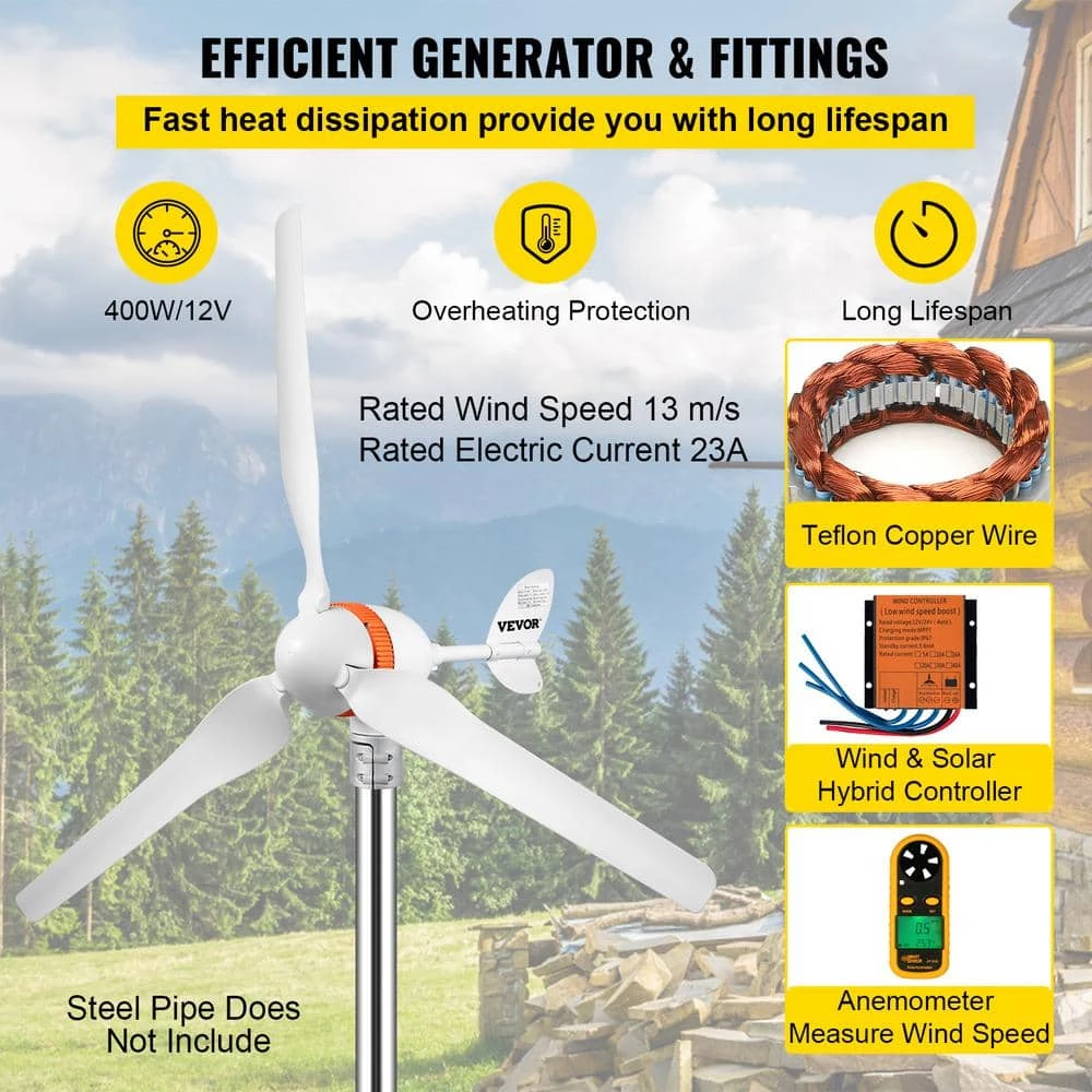 Wind Turbine Generator 400-Watt 12-Volt/AC Wind Turbine Kit 3 Blades Wind Power Generator with MPPT Controller by VEVOR 5 Wind Turbine Generator 400-Watt 12-Volt/AC Wind Turbine Kit 3 Blades Wind Power Generator with MPPT Controller by VEVOR - Image 3