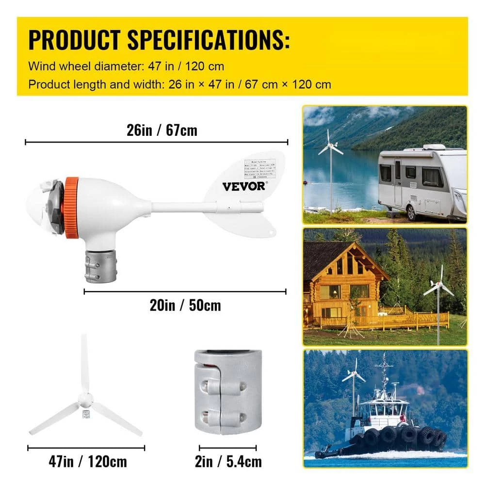 Wind Turbine Generator 400-Watt 12-Volt/AC Wind Turbine Kit 3 Blades Wind Power Generator with MPPT Controller by VEVOR 9 Wind Turbine Generator 400-Watt 12-Volt/AC Wind Turbine Kit 3 Blades Wind Power Generator with MPPT Controller by VEVOR - Image 7