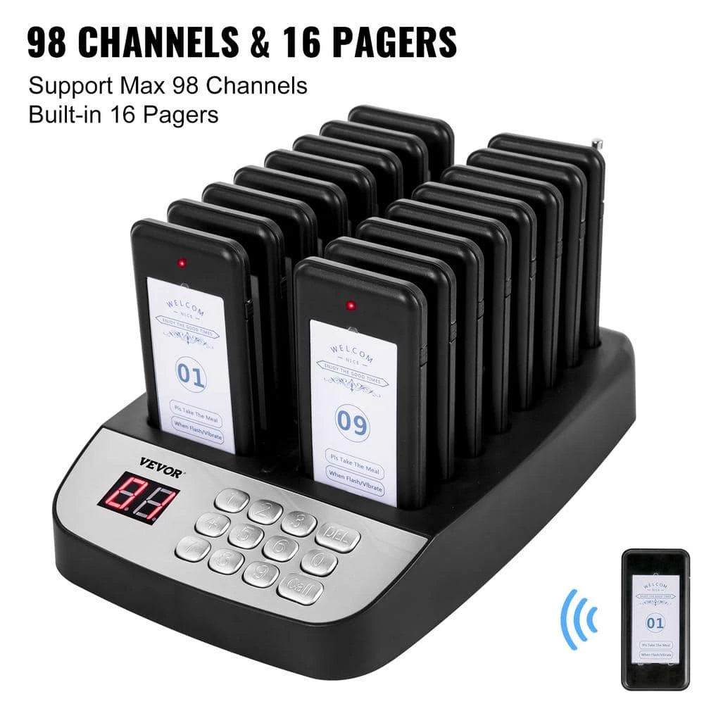 F100 Wireless Calling System 16 Pagers Max 98 Beepers Restaurant Pager System Set with Vibration, Flashing and Buzzer by VEVOR 7 F100 Wireless Calling System 16 Pagers Max 98 Beepers Restaurant Pager System Set with Vibration, Flashing and Buzzer by VEVOR - Image 6